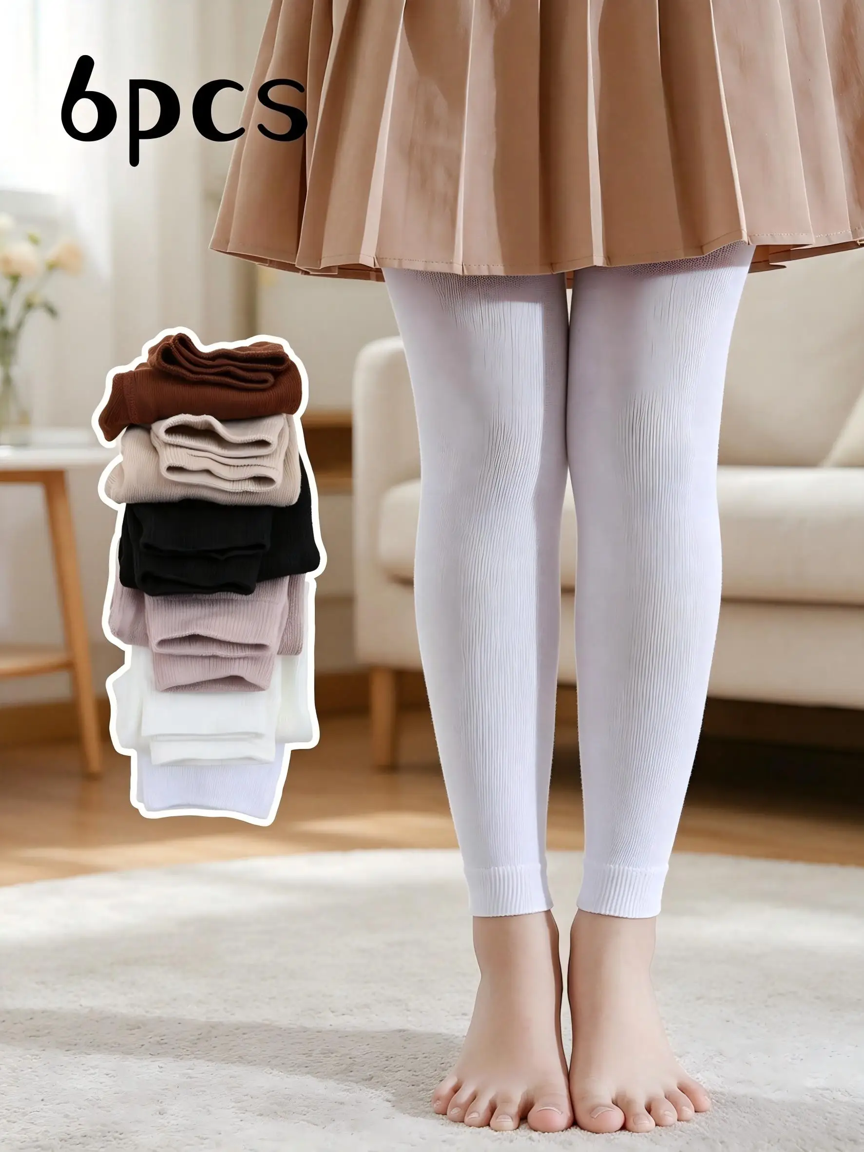 

6Pack Toddler Girls Solid Color Ribbed Leggings Soft Breathable Kids Trousers Casual Pants for All-Season Daily Play & Outfits