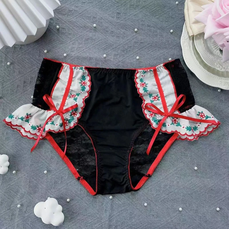 Big Size Shorts Lolita Splicing Floral Pants Bow Transparent Sexy Lace Panties Women High Rise Cotton Crotch Seamless Briefs