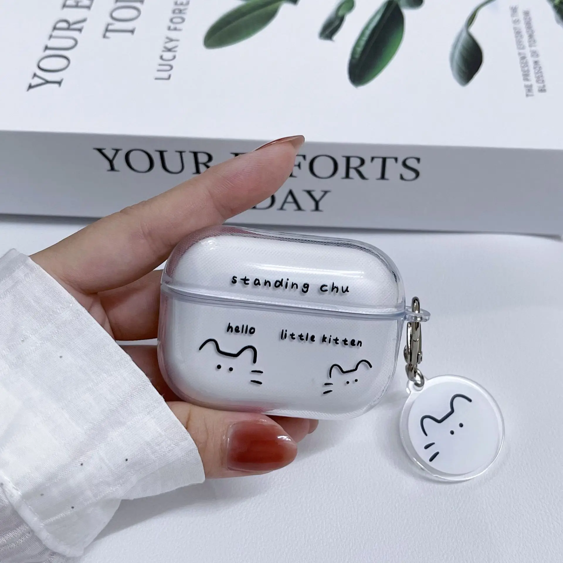 Capa de fone de ouvido de gato de linhas fofas para airpods 1 2 3 4 para airpods pro 2 capa protetora transparente fone de ouvido bluetooth com chaveiro