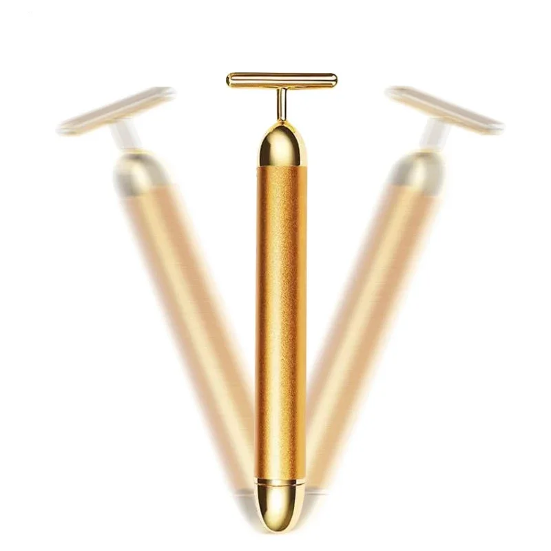 

24k Gold T-Shape Vibrating Facial Roller Beauty Wand Face Slimming Vibrating Massager Firming Anti-Wrinkle Facial Skin Care Tool