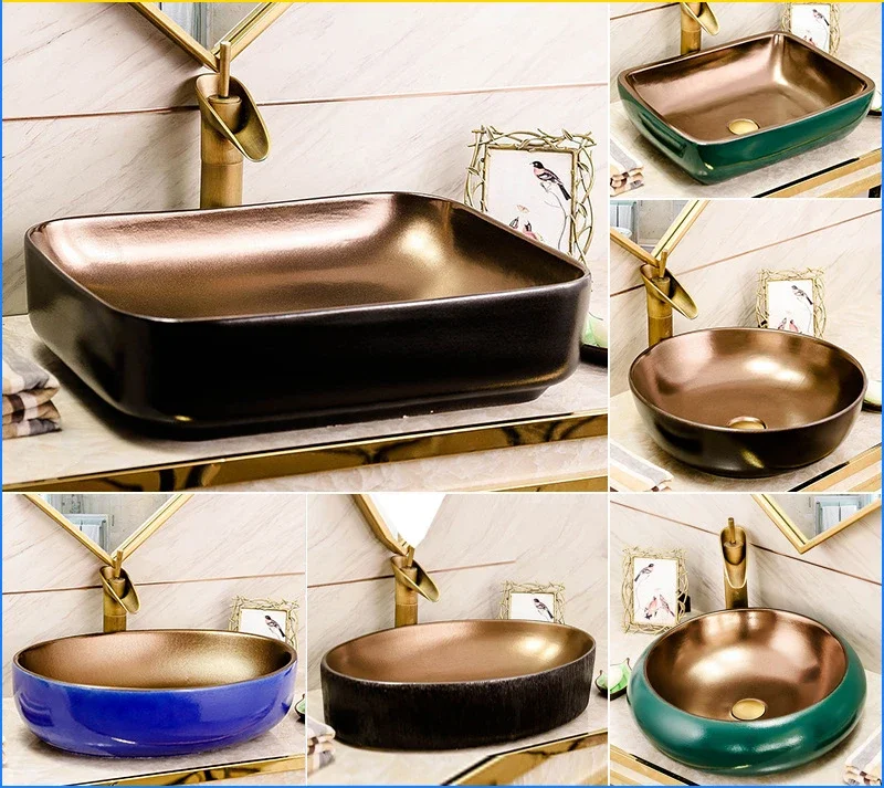 

Metal Glaze European Style Table Basin Square Ceramic Washbasin Bathroom Oval Art Wash Basin Color Inter-Platform Basin