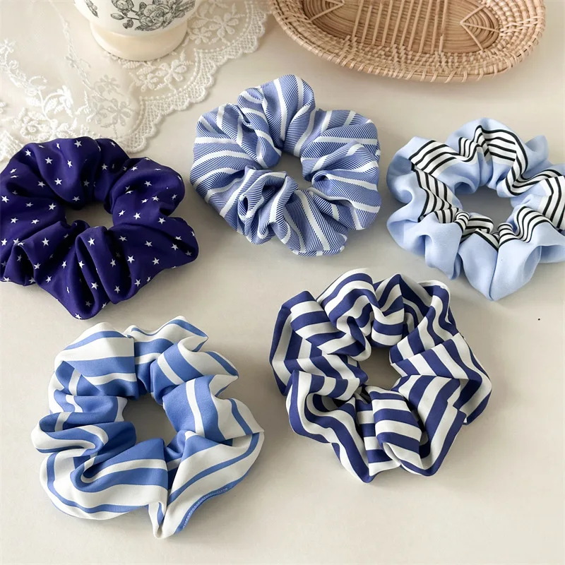 Dây buộc tóc sọc xanh mới của Three States, phong cách đơn giản, dây buộc tóc đa năng hàng ngày của INSBlogger và phụ kiện tóc