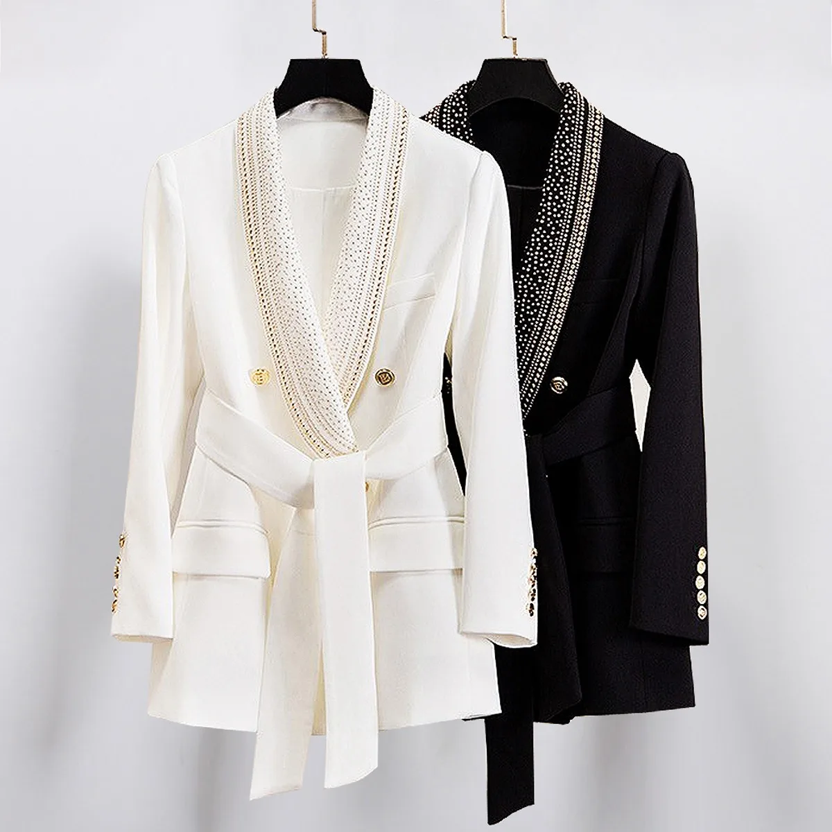 Unique Desinger Vintage Gold Sequined Beads Shawl Collar Lace-up White Blazer for Women Retro Jacket