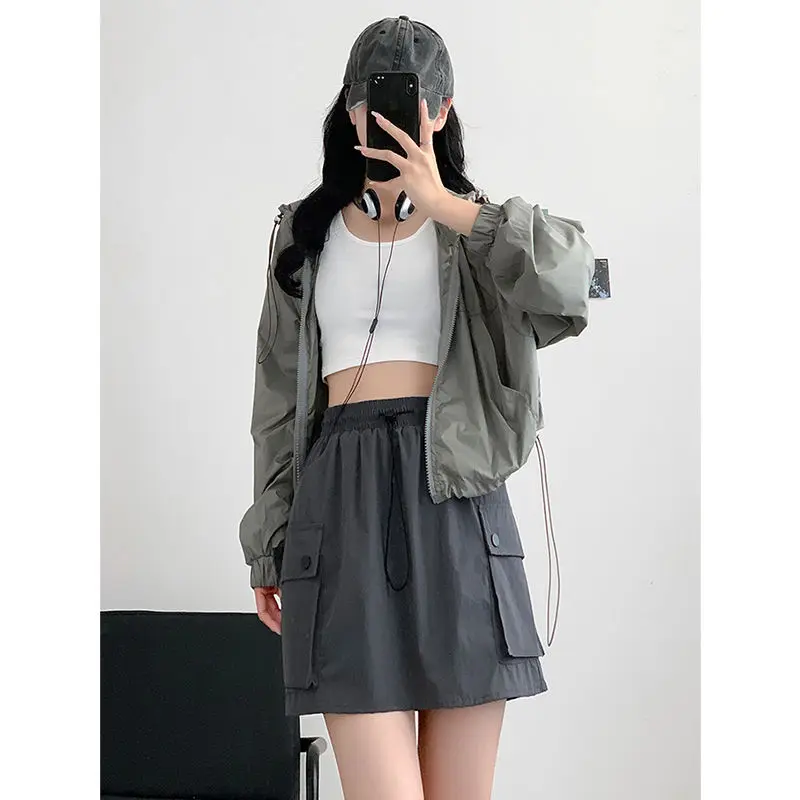 Simplicity American Style Fashion Summer Women's Solid Elastic Waist Drawstring Pocket Casual Versatile High Waist A-line Skirt