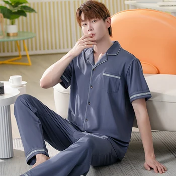 メンズコットンパジャマセット,半袖カーディガン,ロングパンツ,ナイトウェア,韓国のファッション,夏,春