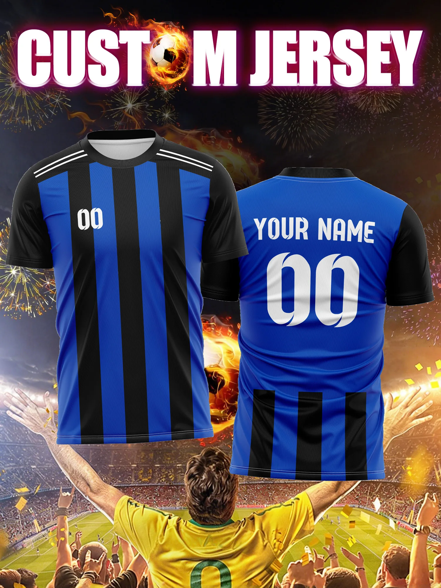 Custom Image Number Name Soccer Jersey,Striped Pattern Uniform,Classic Sporty Quick Dry Soccer Training Kit