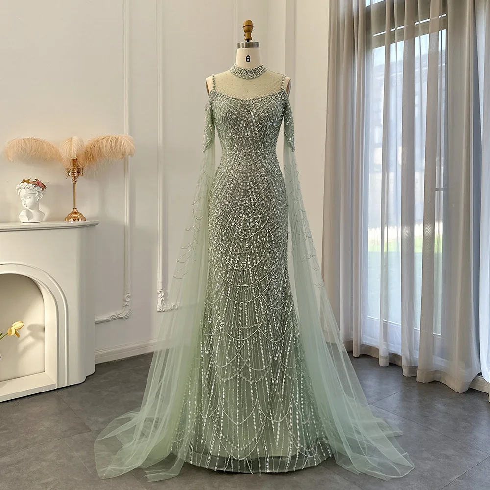 

Sharon Said Sage Green Mermaid Luxury Dubai Evening Dress Cape Sleeves Women Purple Wedding Formal Party Gown SS205 Customized
