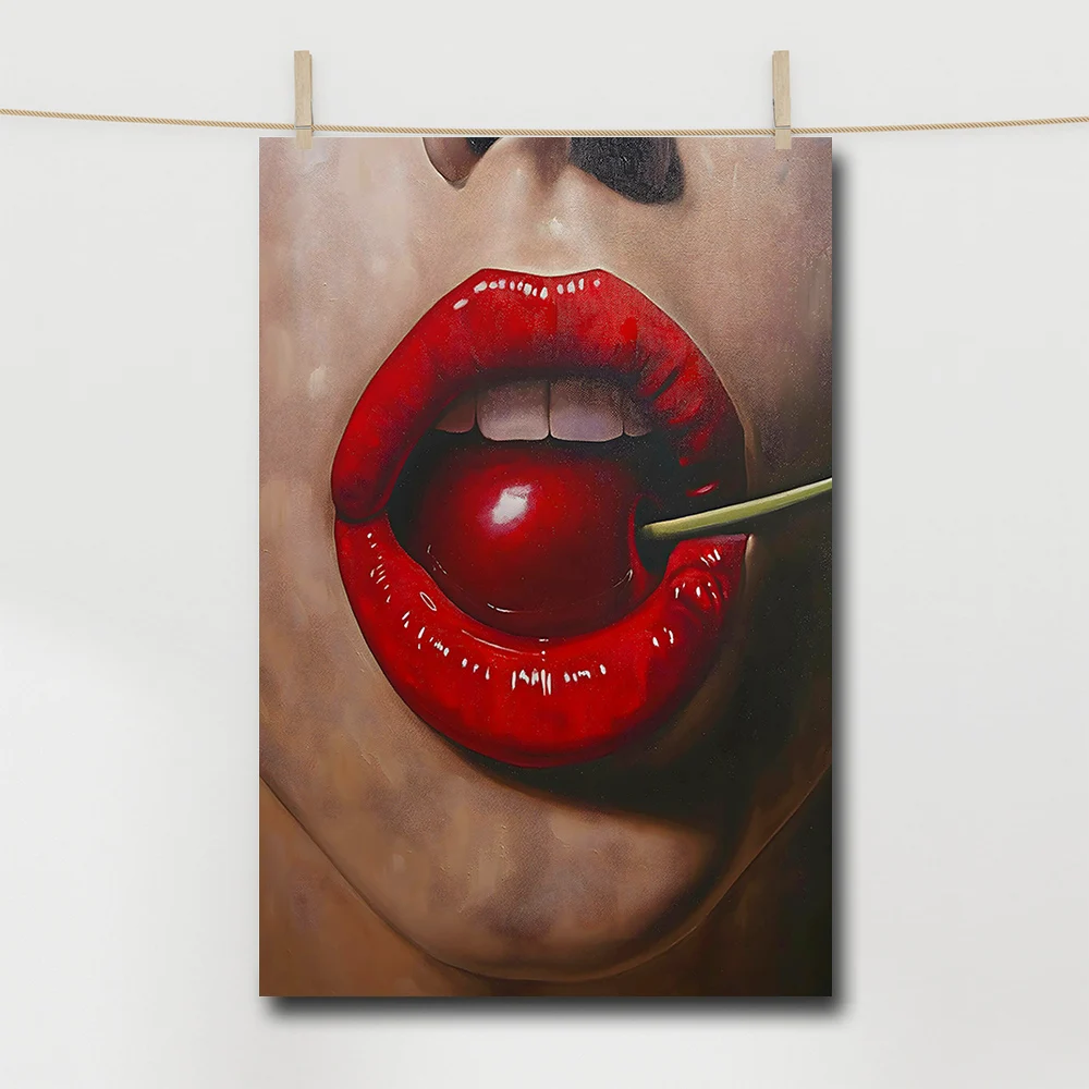 Red Lip and Cherry Wall Art Canvas Painting Posters and Prints Home Decor Items Illustration Mural