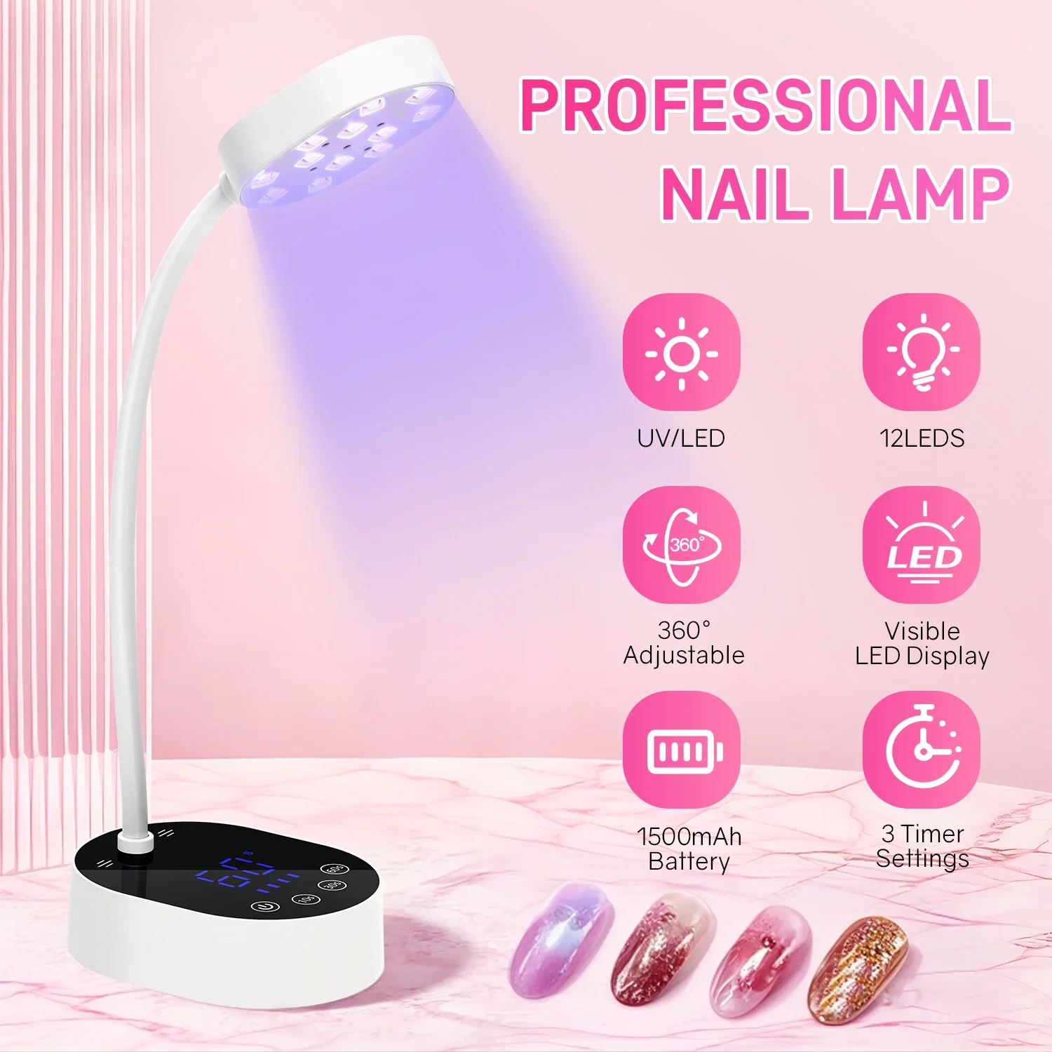 DianaBeauty Rechargeable 36W UV Led Nail Lamp Nail Dryer with USB 3 Timer Settings Professional UV Light with LCD Touch Screen