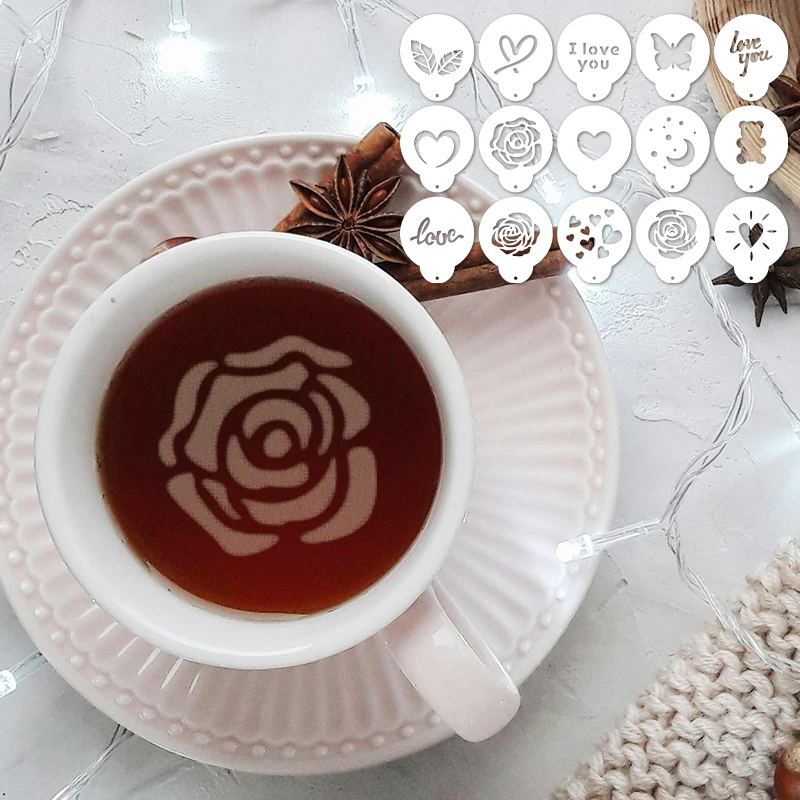 YOMDID 15pcs Fancy Coffee Stamp Stencil Reusable PET Latte Art Stencil for Cappuccino, Hot Chocolate, Cake, Cookie Decoration