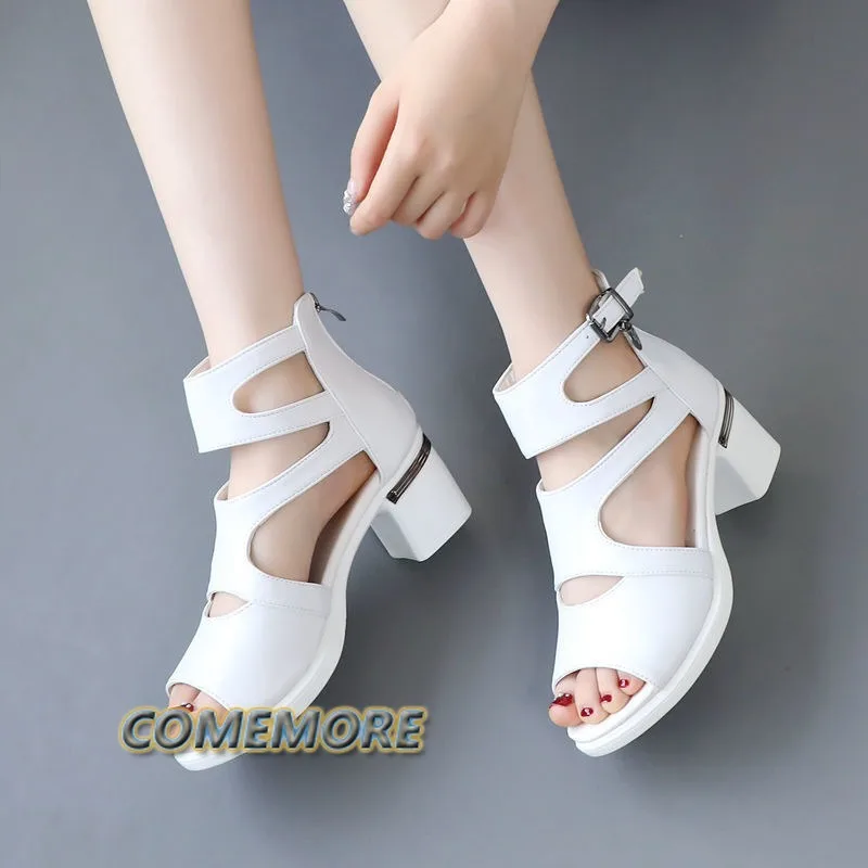 2024 Women Sandals Soft Leather PU High Squre Heel Sandals Black Thick Platform Shoes Female Open Toe Party Wedding Shoes White