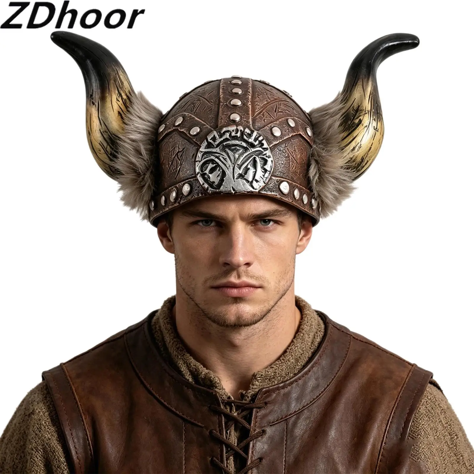 Unisex Men Women Viking Warrior Hat Horned Faux Fur Decoration Helmet Costume Accessories for Halloween Party Cosplay