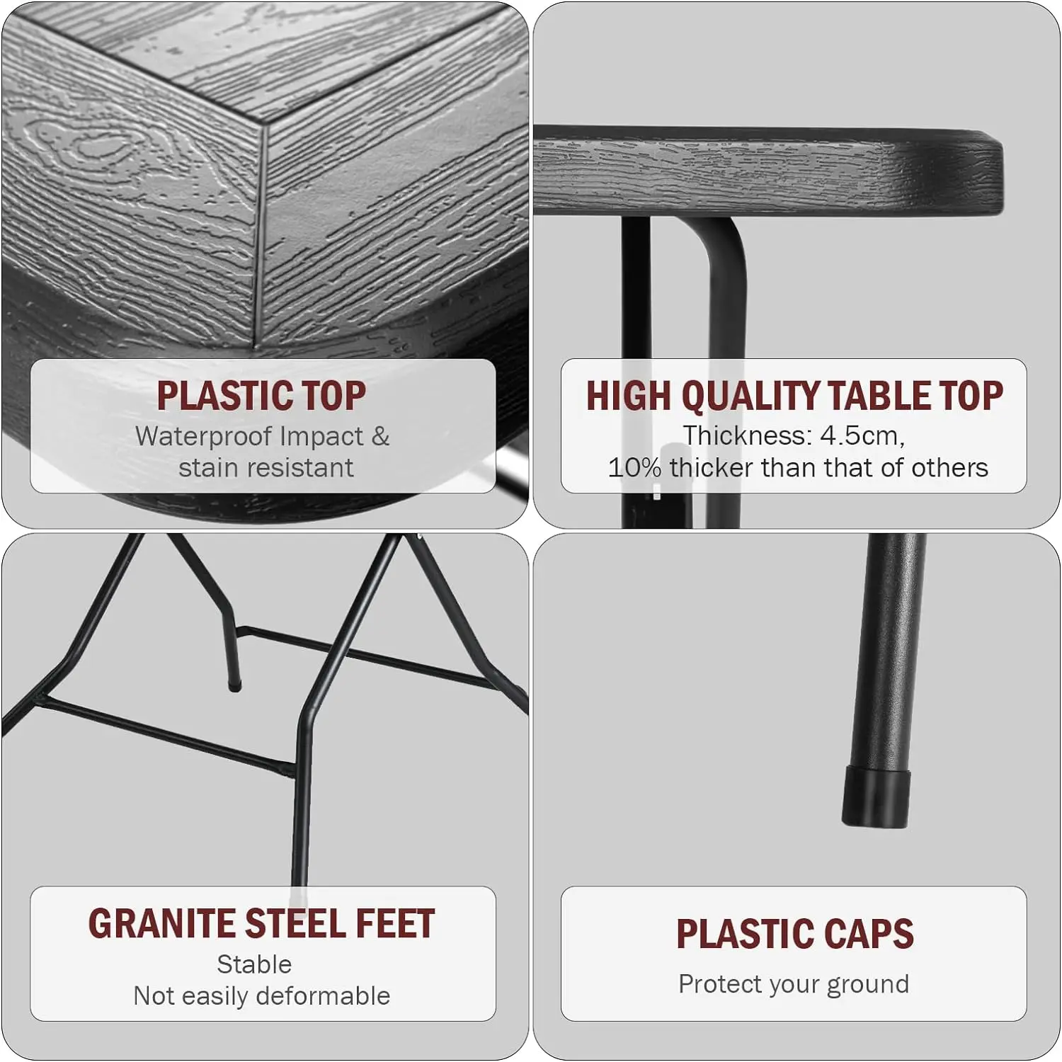 Wasserdichter Gartentisch, Klapptisch 80 x 80 x 74 cm, Balkontisch mit Stahlrahmen, verdicktes HDPE, für Party-Küche, Wohnzimmer – Detail 13