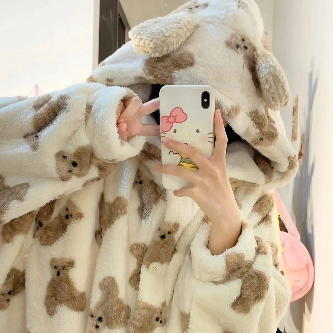 Cute Bear Coral Fleece Nightgown Women Winter Thickened Flannel Bathrobe Nightdress Girls Homewear Pajamas Robe with Pant Suit