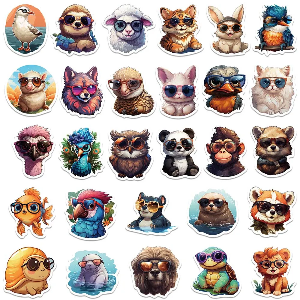 55pcs Cute Kids Decals Cartoon Animals Wearing Glasses Stickers For Laptop Water Bottle Luggage Diary Vinyl Waterproof Graffiti