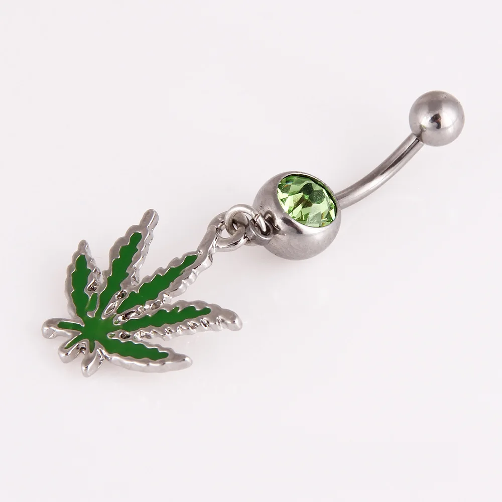 1PC Green Maple Leaf Belly Navel Ring Leaves Weed Dangle belly Button Body Piercing Jewelry Surgical steel Bar