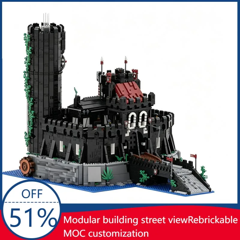 

NEW 7824PCS MOC Wolfpack Castle Medieval Black Fortress with Lighthouse Tower Drawbridge Water Base Building Blocks Diorama Gift