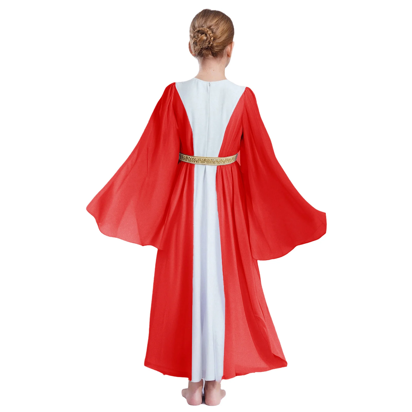 Girls Ancient Greek Roman Princess Goddesses Toga Halloween Party Cosplay Church Worship Costume Golden Embroidery Dress Gown