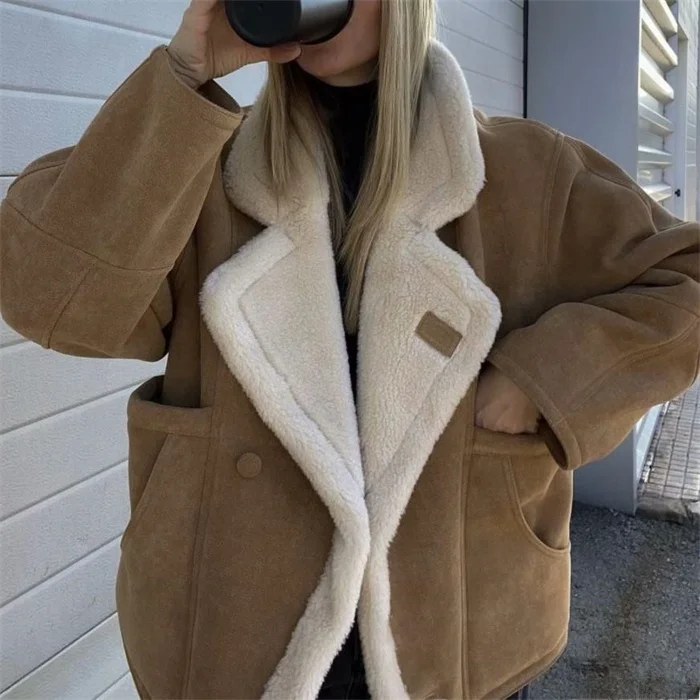 

Women's Street Sle Loose Fit Jaet Outerwear Lamb Fur ort Coat Long Sve Flip Collar Button up Casual Women's Coat
