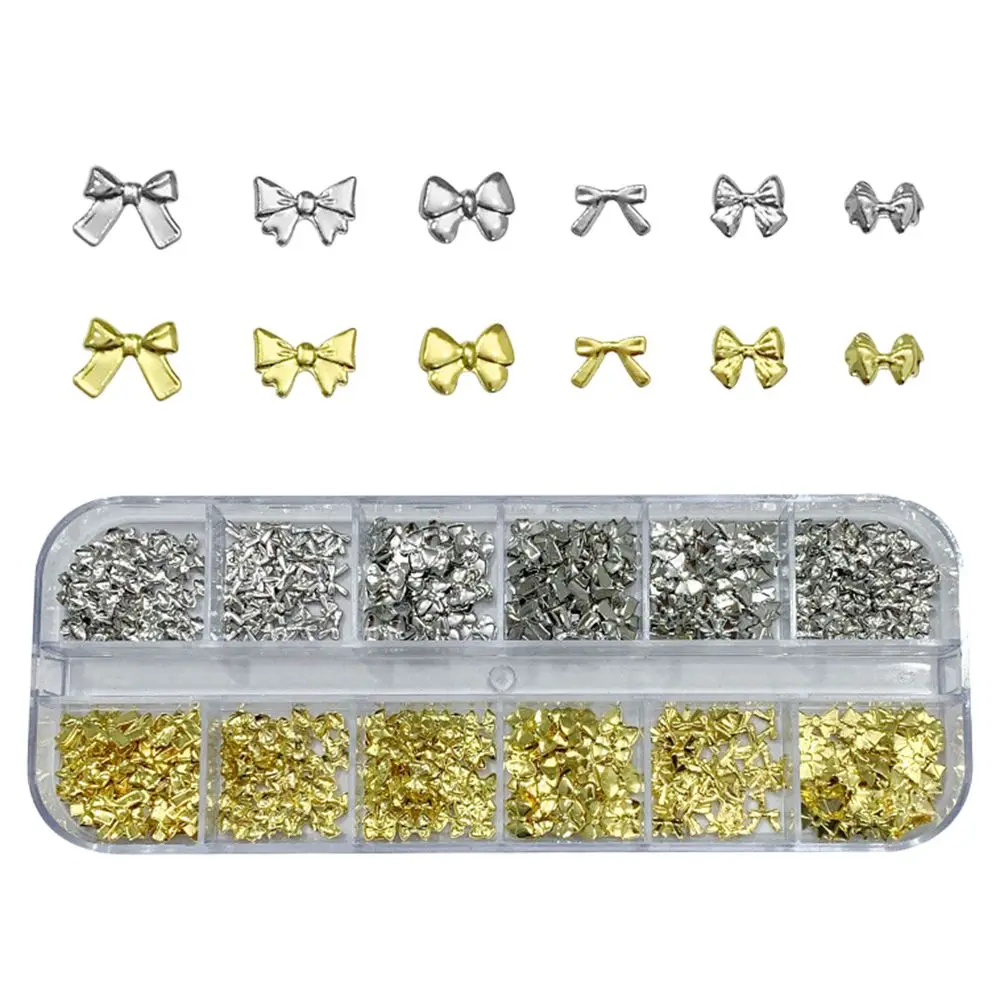 600Pcs 12 Grids Bow Nail Art Charms Gold Metallic Various Size Light Nail Rivet Studs Gold/Silver Leak-proof