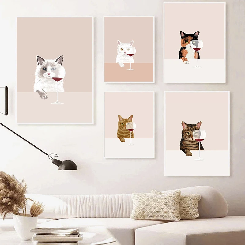 Minimalist Cute Cats With Wine Canvas Painting Kawaii Kitty Animal Wall Art Poster Print For Living Room Home Decor Cuadros - Image 2