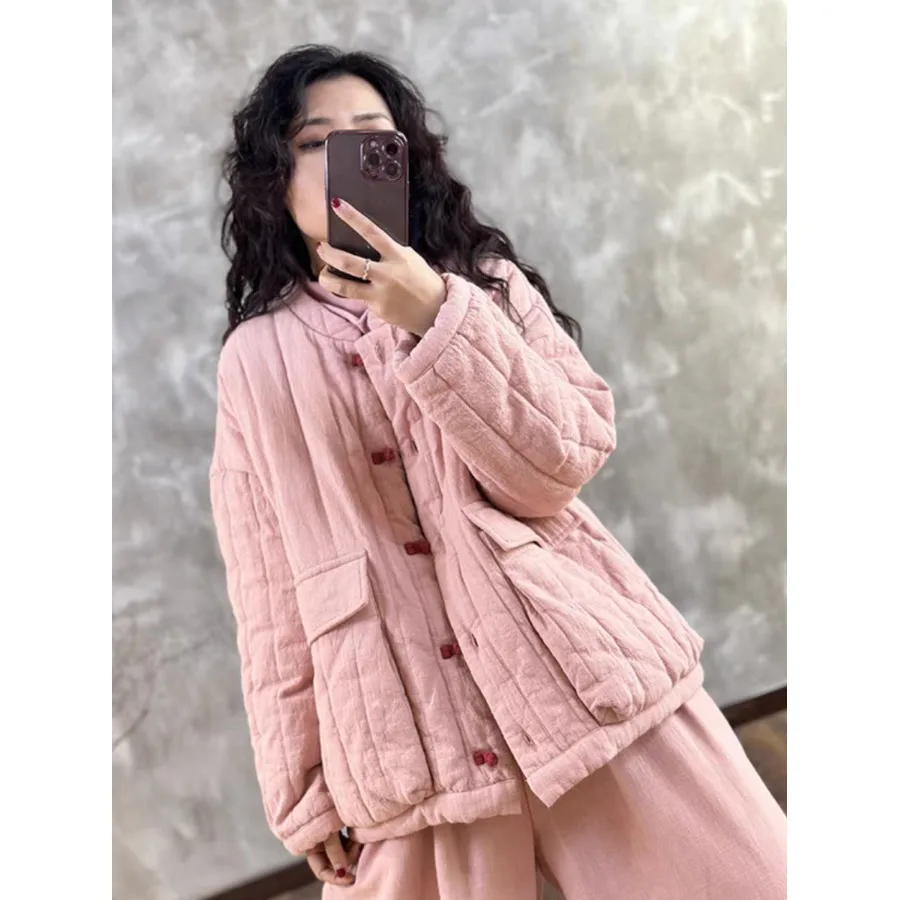 

Retro Style Thickened Short Cotton Jacket Women's Fashion Artistic Chinese Style Winter Outerwear Half High Collar Single Button