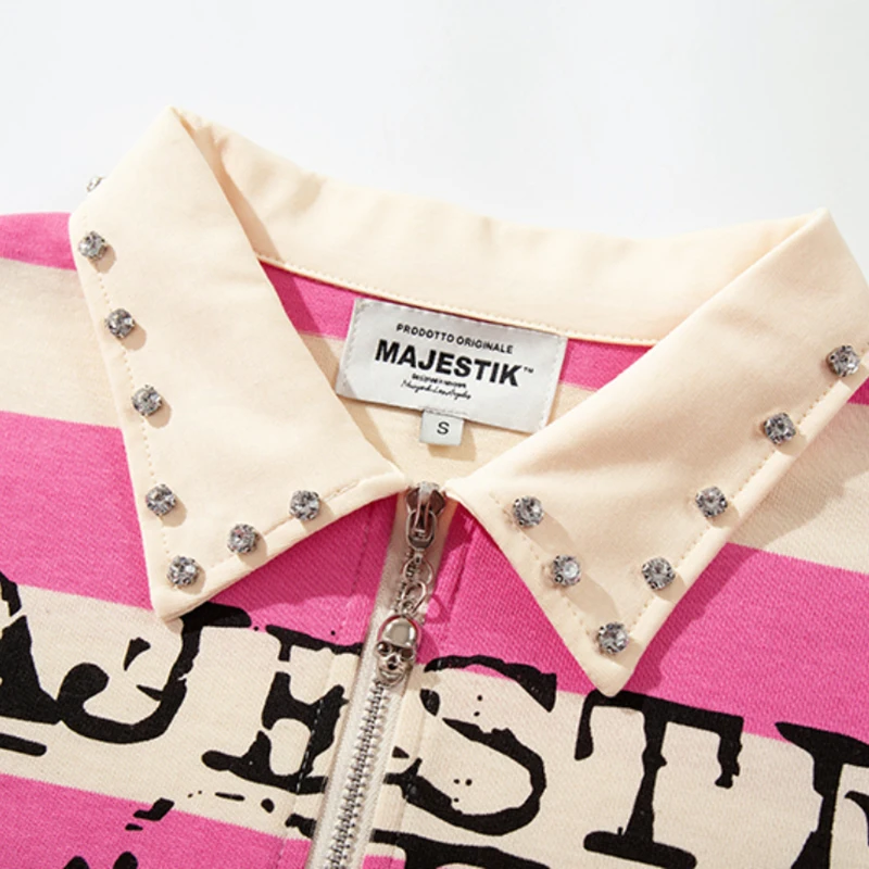 Mens MAJESTIK Pink White Striped Short Sleeve Polo Rhinestone Collar Abstract Collage Art Print Shirt