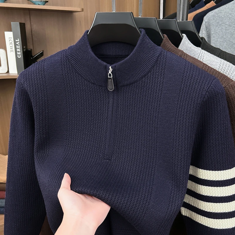 Hochwertiger Herrenpullover Herbst Winter Neuer Reißverschluss Stehkragen Modemarke Klassisches Streifenmuster Koreanischer Casual Jacquard Strickpullover – Detail 6