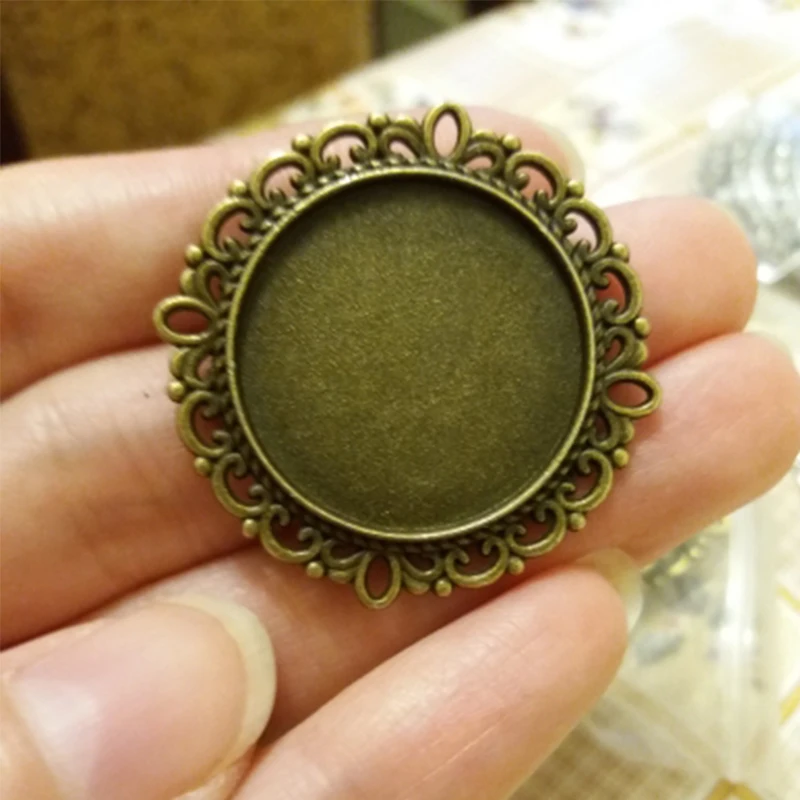 10pcs Cabochon 25mm Antique Bronze Double Lace base Pendant Setting Glass Cabochon Base Tray DIY Jewelry Findings Components B