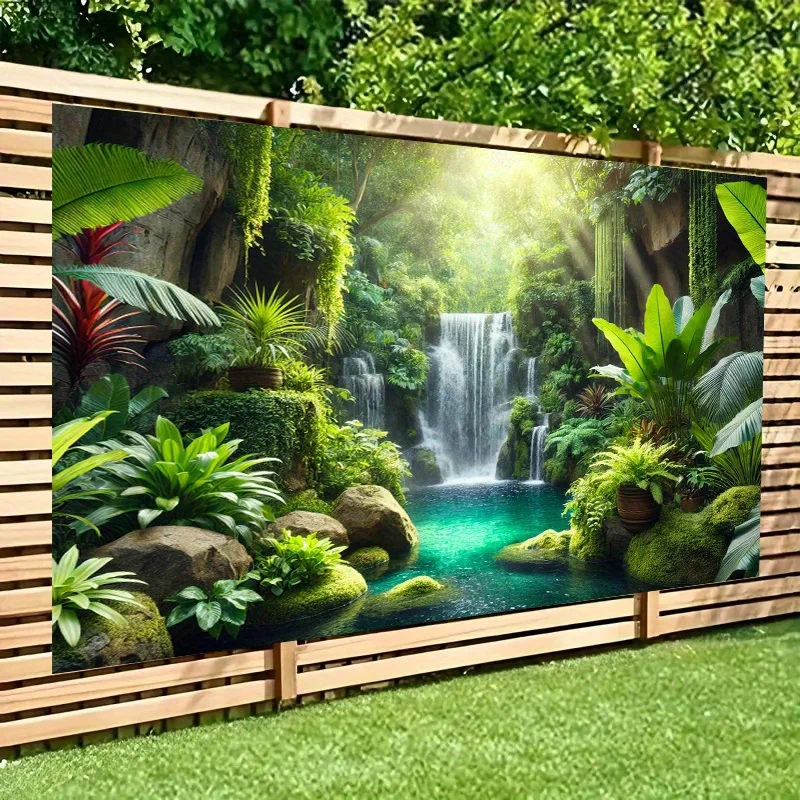 Pared de fondo de piscina de cascada de selva Tropical 2D, cobertura de pared vibrante con características de agua verde rico y tranquila, 1 ud.