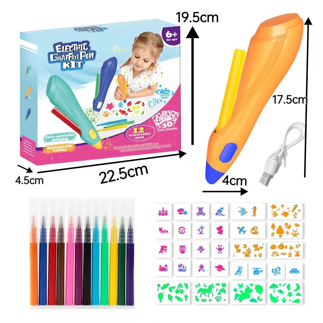 Elektrischer Aquarell-Sprühstift für Kinder, handbemalt, Farbpinsel, waschbar, 12-Farben-Sprühstift, Spielzeug für Kinder, Zeichenspielzeug, Geschenk