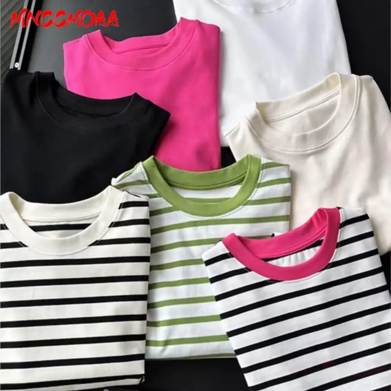 MNCCMOAA Women High Quality 2024 Autumn Winter Basic O Neck Long Sleeve Striped T-Shirt Casual 7-Color Simple Tees Tops Female