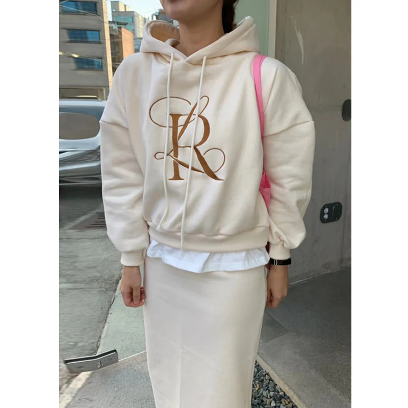 Chic Casual ex Hooded Dstring Letter Print Sweatirt High Waist Slimming Split Skirt Faion Set for Young Women