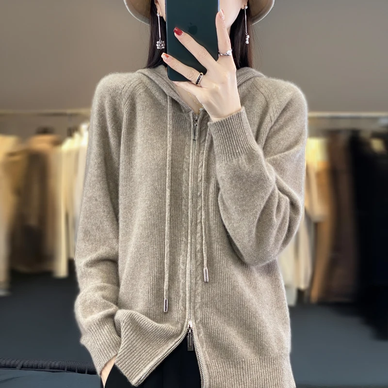 2024 New Cashmere Sweater Women Hooded cardigan Fashion Loose Casual Zipper Cashmere Sweater Women Coat