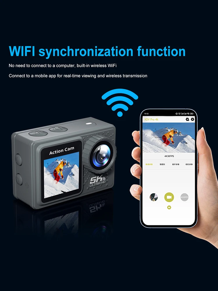 

5K 4K 60FPS Sport Camera Anti-shake WIFI Outdoor Cycling Camera Dual Screen 170° Wide Angle 30m Waterproof with Remote Control