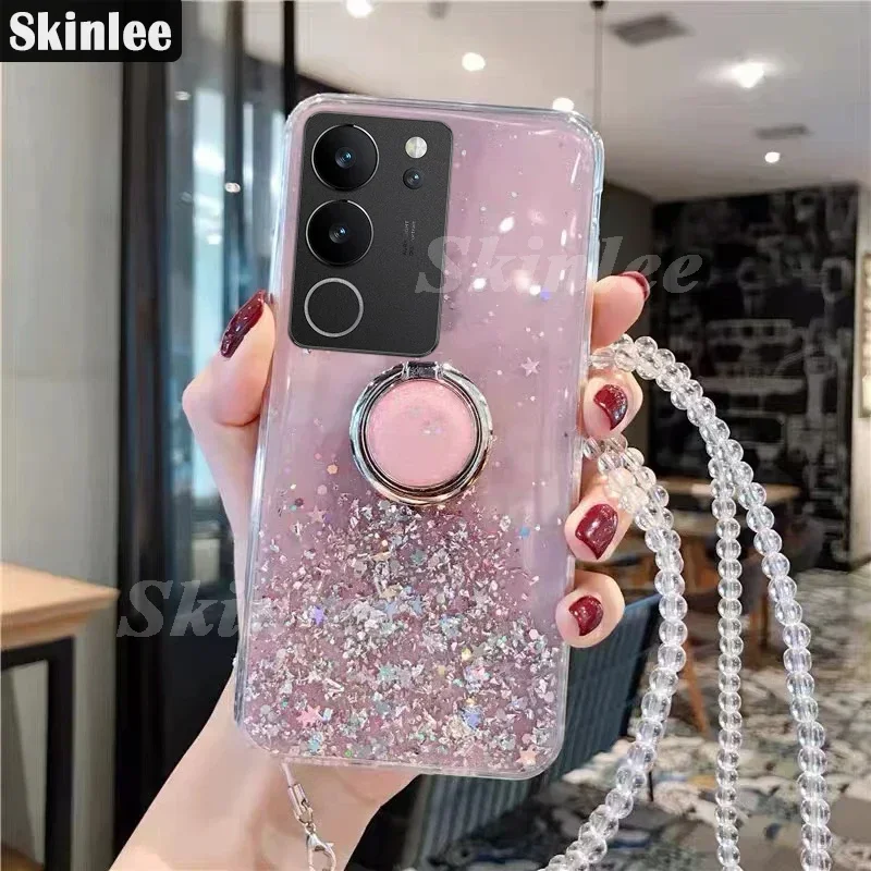 

Skinlee Case For VIVO V29 5G V30 SE With Ring Clear Glitter Stars Sequins Silicone Shell For V40 SE V30 Lite Shockproof Cover