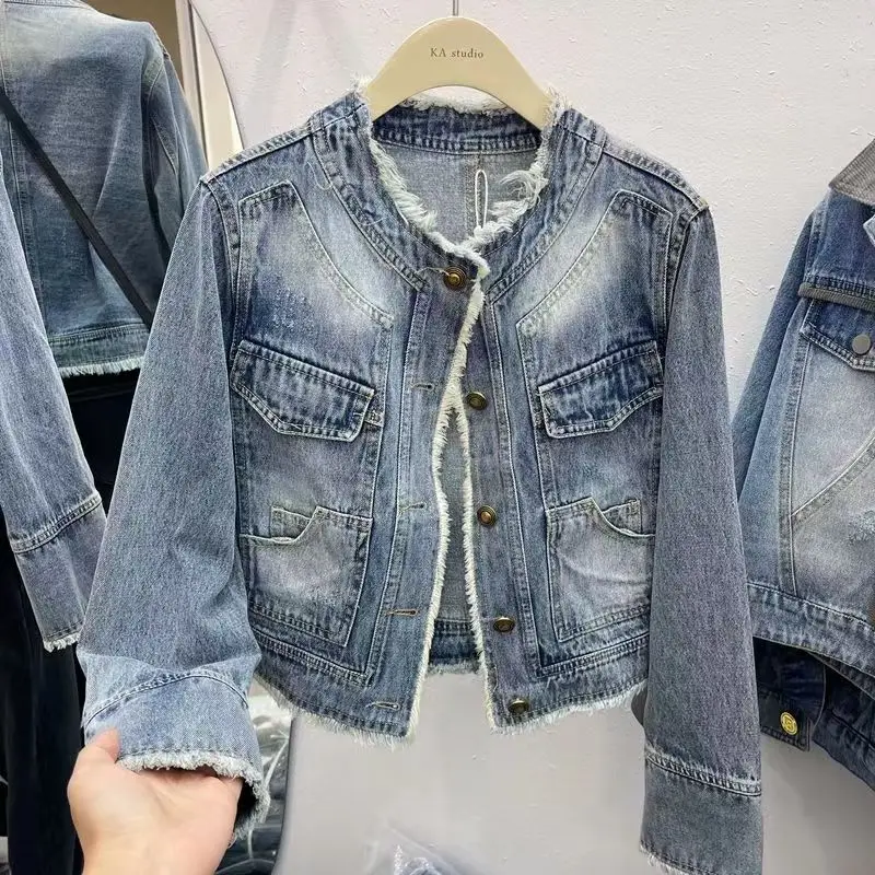 Raw-edge Round Neck Single-breasted Women's Denim Jacket Korean Fashion Outerwears Autumn Winter New Washed Short Coat Female