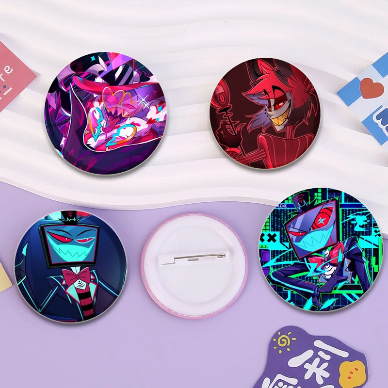 Hazbin Hote Tinplate Pin Charlie Morningstar Angel Dust Alastor Cartoon Brooches for Backpack Accessories Anime Collection Badge