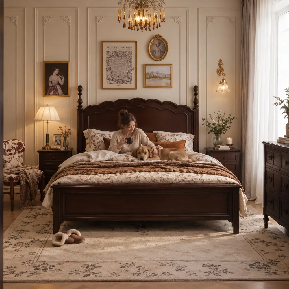 American French Vintage Mahogany Solid Wood Carved Double Bed, Storage Space High‑End Retro Wedding Bed for Bedroom Furniture