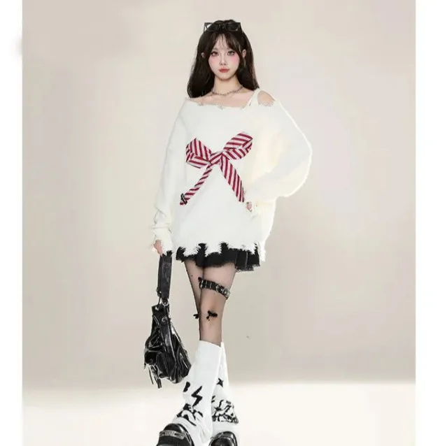 เสื้อไหมพรมเปิดไหล่ผูกโบว์หวานๆ สวมใส่สบาย นุ่มนวล สไตล์นักเรียน  คอลเลคชั่นใหม่ล่าสุดสำหรับฤดูใบไม้ร่วง