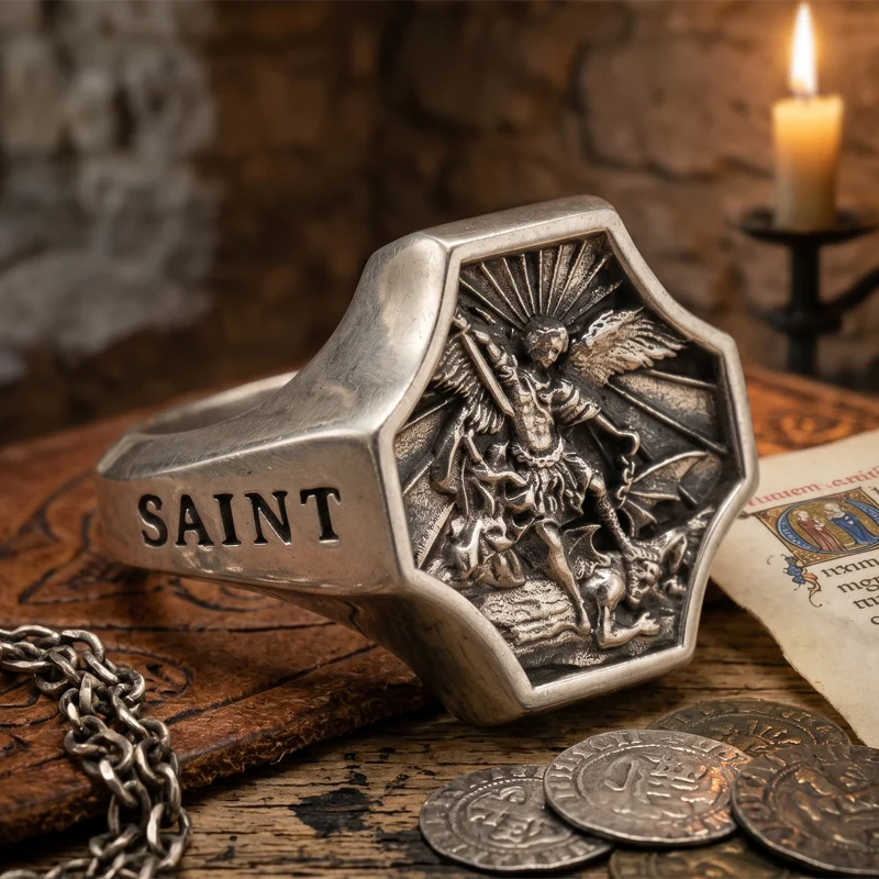 Buy 3 Get 1 Free SheCrown Archangel Michael Defeating Satan bas-relief ring engraves divine triumph upon the finger Mens Rings