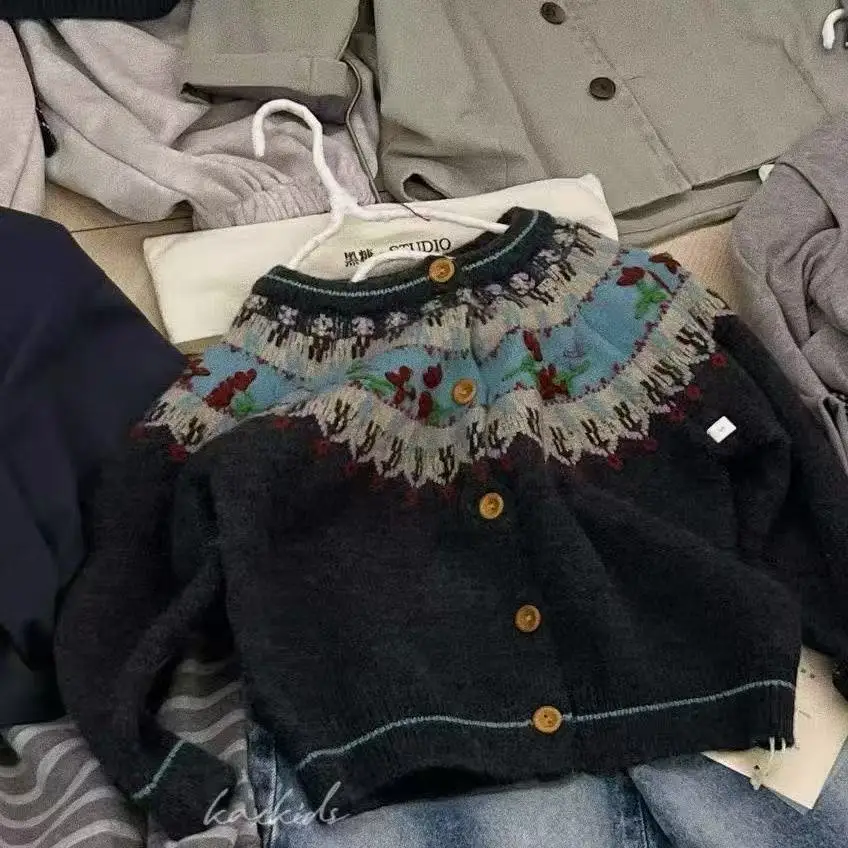 Girls' Fair Lsle Knit Cardigan Autumn 2026 New Arrival Stylish Knitwear for Children Autumn Collection Girls' Tops 90-160CM