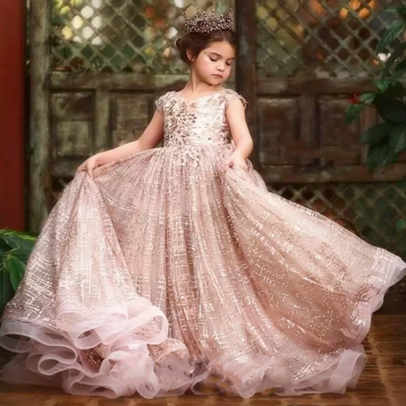 

Rose Gold Flower Girl Dress for Wedding Lace Applique Puffy Tulle Bow Birthday Party First Communion Ball Gowns Dress Customized