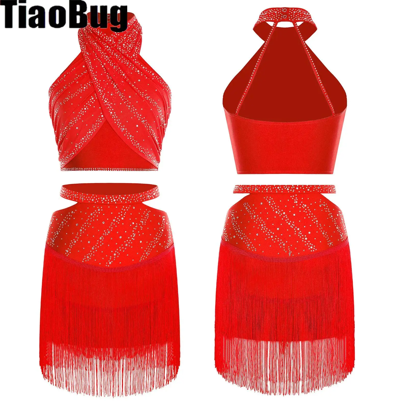 

Women Latin Dance Costume Halter Sleeveless Backless Rhinestones Crop Top with Tassels Skirt Set for Tango Cha-Cha Salsa Skating
