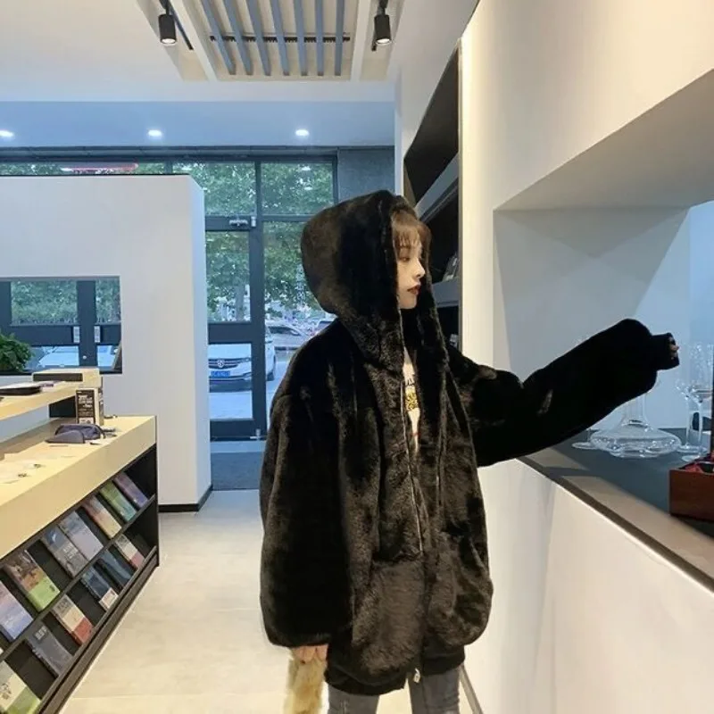 Fashion Faux Fur Winter Oversized Sweater Women Thick Warm Warm Fur Fluffy Coat Mid-length Zipper Hooded Mink Fur Jackets Lazy