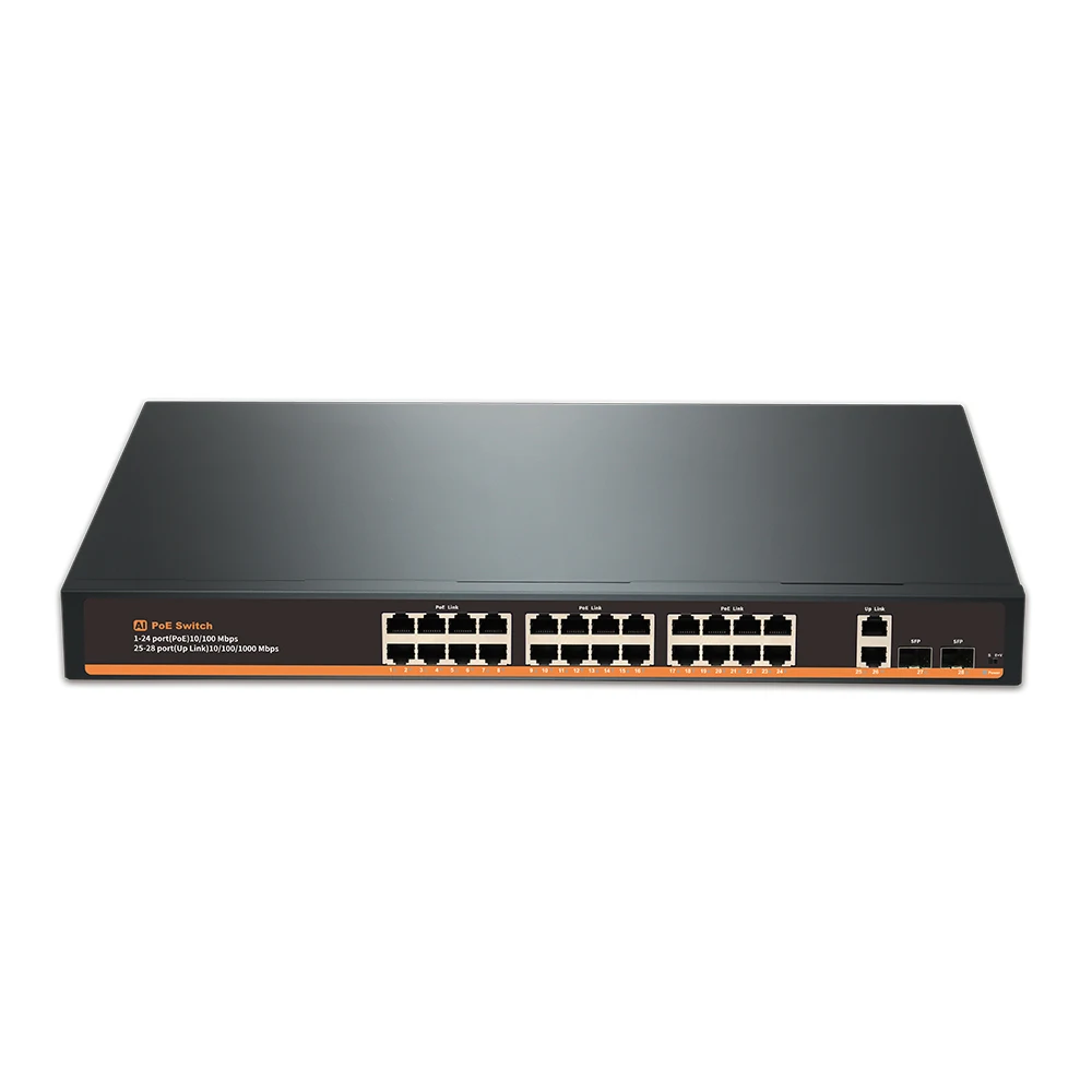 

Bullscom 26-Port PoE Switch | 24x 10/100Mbps PoE Ports (400W) + 2x Gigabit Combo Uplink | Unmanaged Ethernet Switch