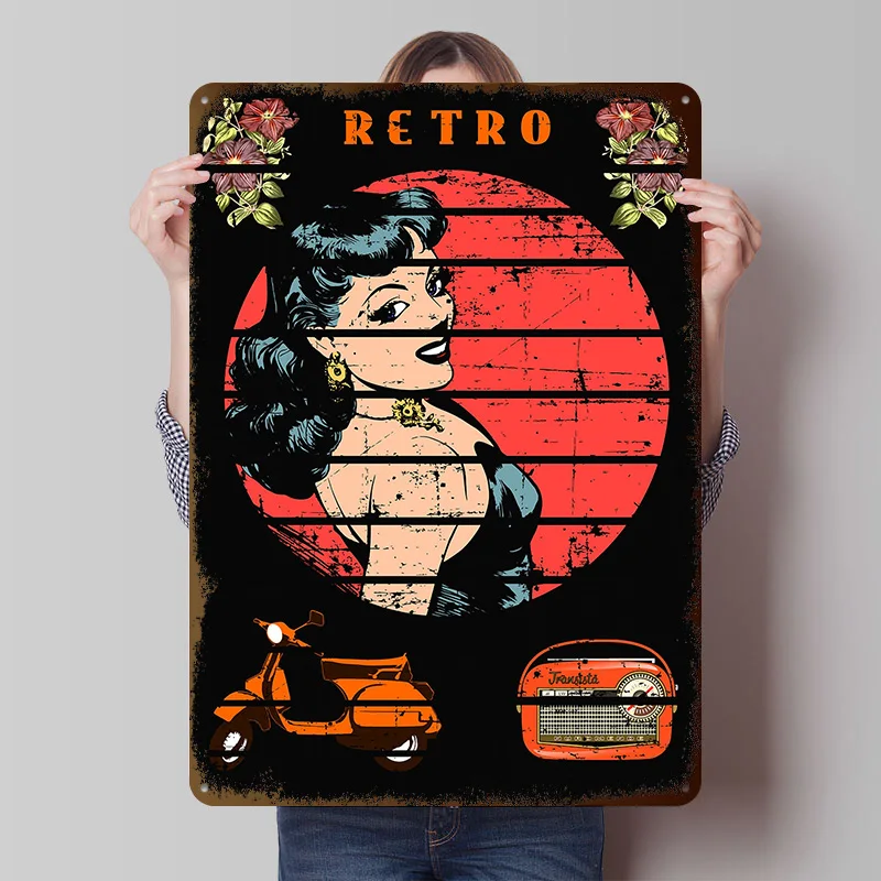 Retro Pinup Girl Poster Customized Vintage Metal Signs Wall Art Retro Tin Plaque for Decor Room Decoration At Home Coffee Bar