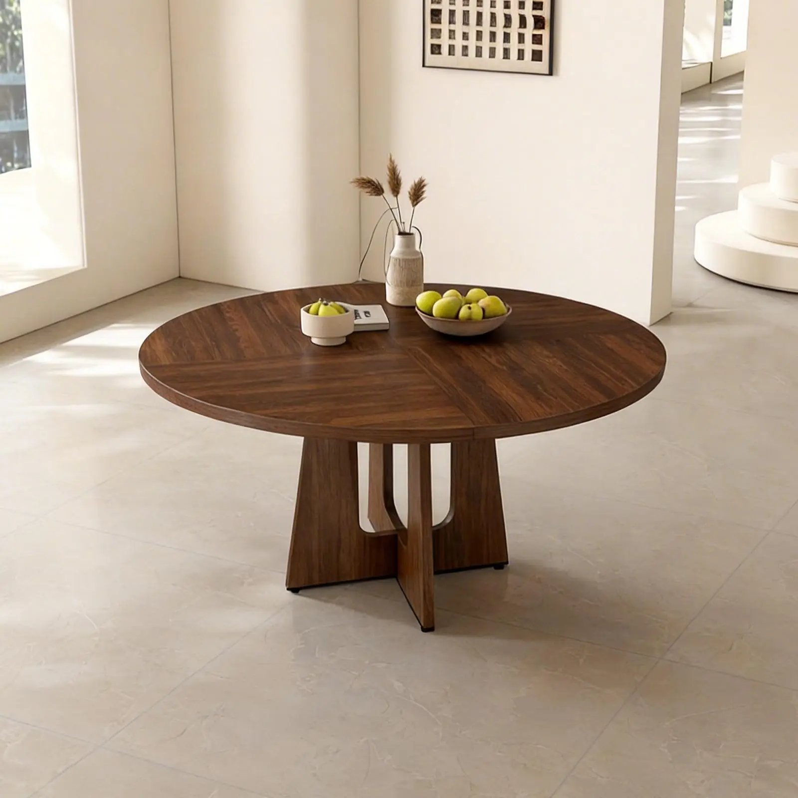 Round Dining Table for 4-6, 47 Inch Farmhouse Kitchen Table, Walnut Finish MDF with Iron Frame, Double-Reinforced, 300lb Capacit