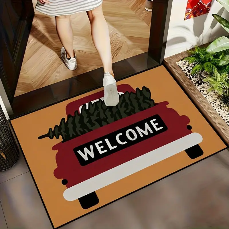 VIKAMA WELCOME Doormat Red Vintage Pickup Truck, Entrance Floor Mat Front Door Entryway, Non Slip, Farmhouse Christmas Decor