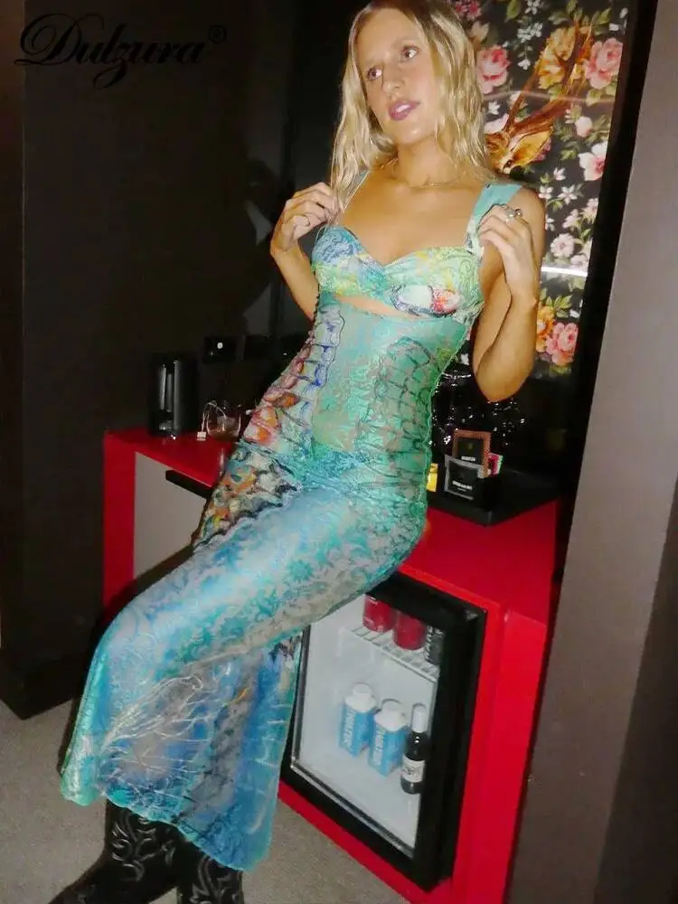 Dulzura Spitze Print Cut Out Maxi Bodycon Sexy Party Club Y2K Outfits Streetwear Verband Kleid Vestido Klassische Prom